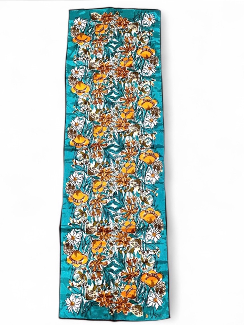 Vera Neumann Vintage 1970s Floral Acetate Scarf Flowers Orange Teal Japan Made